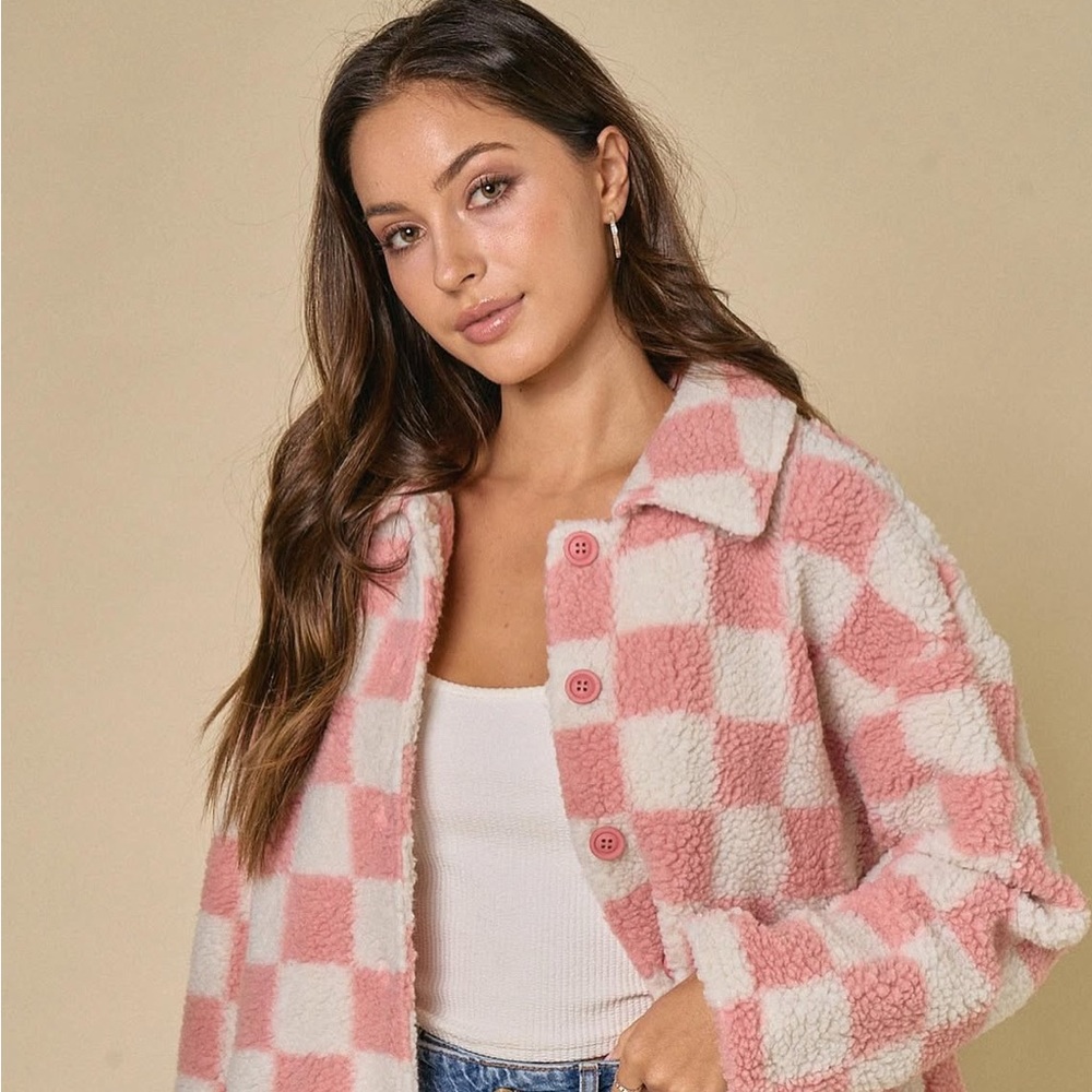 Blue Blush Pink and Cream Checkered Teddy Jacket